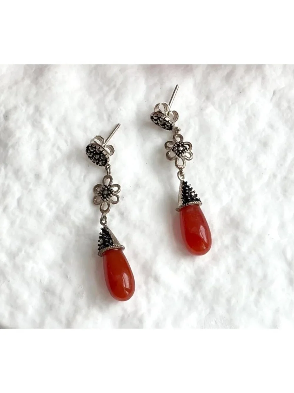 Art Deco Red Coral & Marcasite Floral Teardrop Vintage Sterling Silver Earrings
